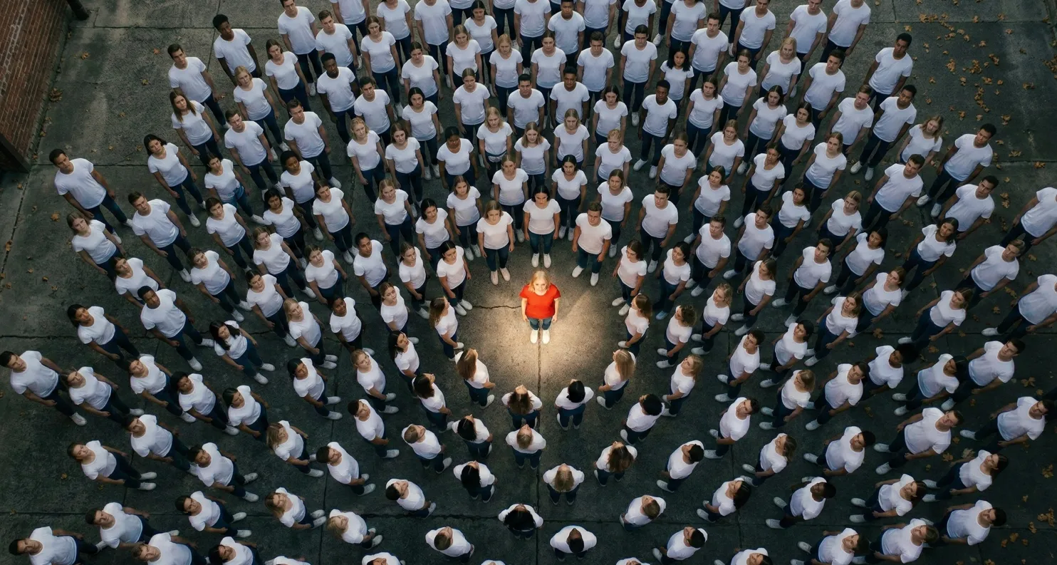 Tłum w mroku z jedną oświetloną osobą